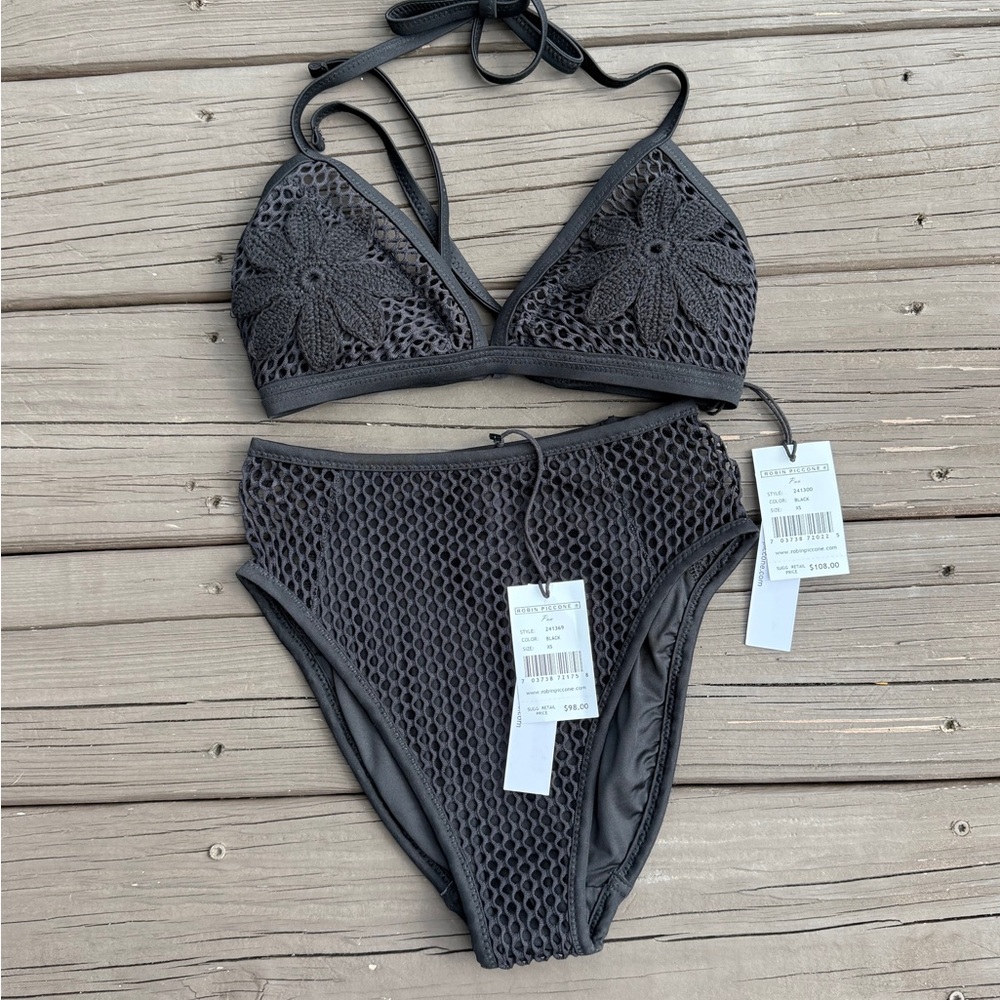 Robin Piccone Black Crochet Pua Bikini Set - Size XS - NWT